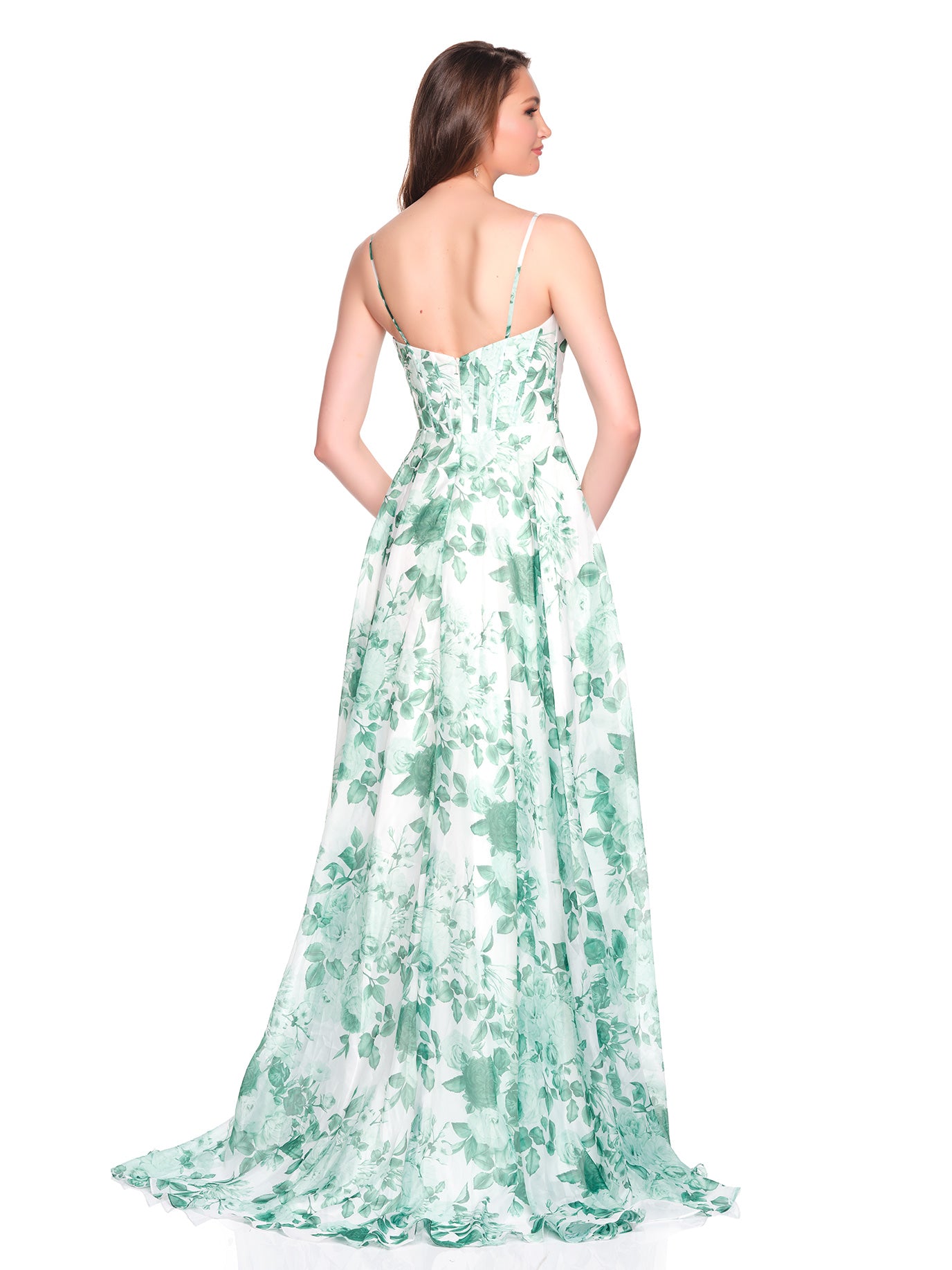 PRINTED DRESS WITH FLORAL RUFFLE DETAIL AND HIGH SLIT