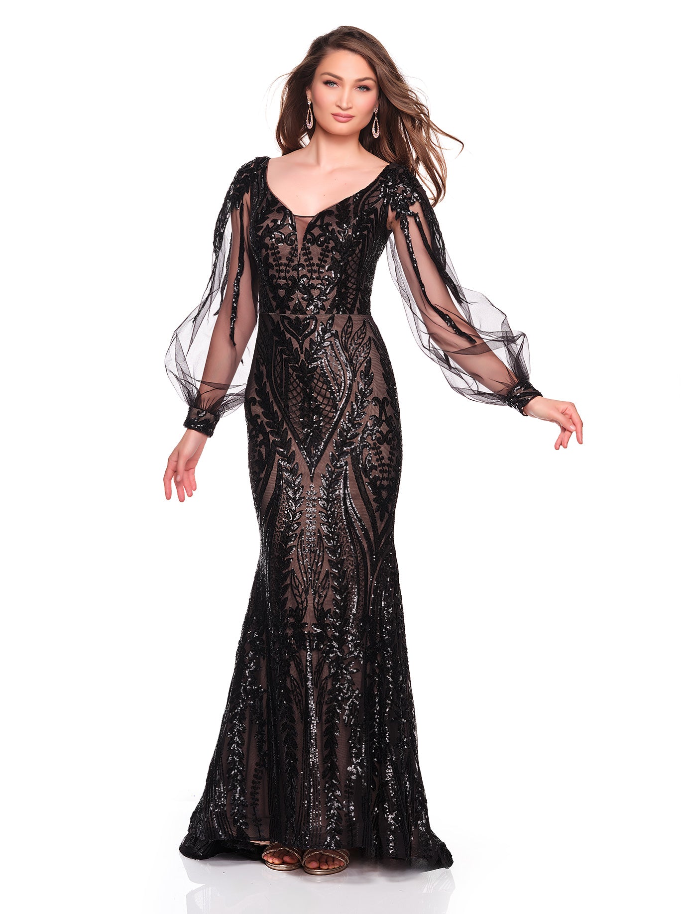 FITTED DRESS WITH BISHOP SLEEVES AND SEQUIN PATTERN DETAIL