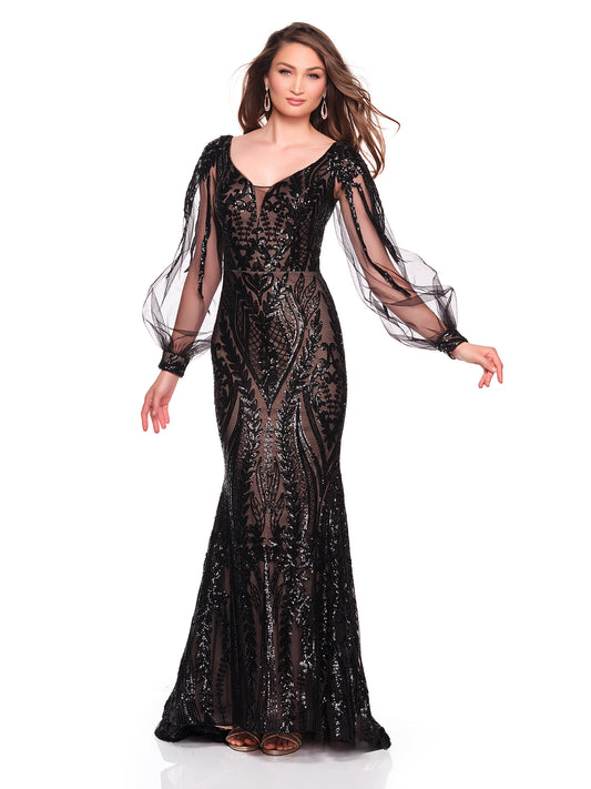 FITTED DRESS WITH BISHOP SLEEVES AND SEQUIN PATTERN DETAIL