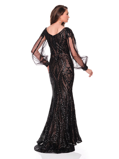 FITTED DRESS WITH BISHOP SLEEVES AND SEQUIN PATTERN DETAIL