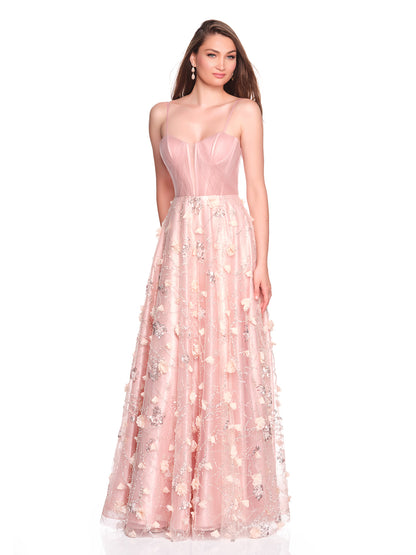 TULLE DRAPED BODICE DRESS WITH FLORAL 3D MOTIFS