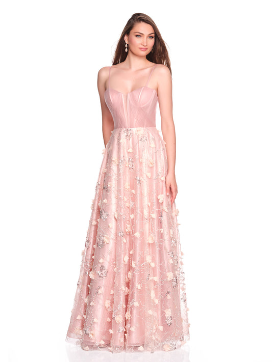 TULLE DRAPED BODICE DRESS WITH FLORAL 3D MOTIFS