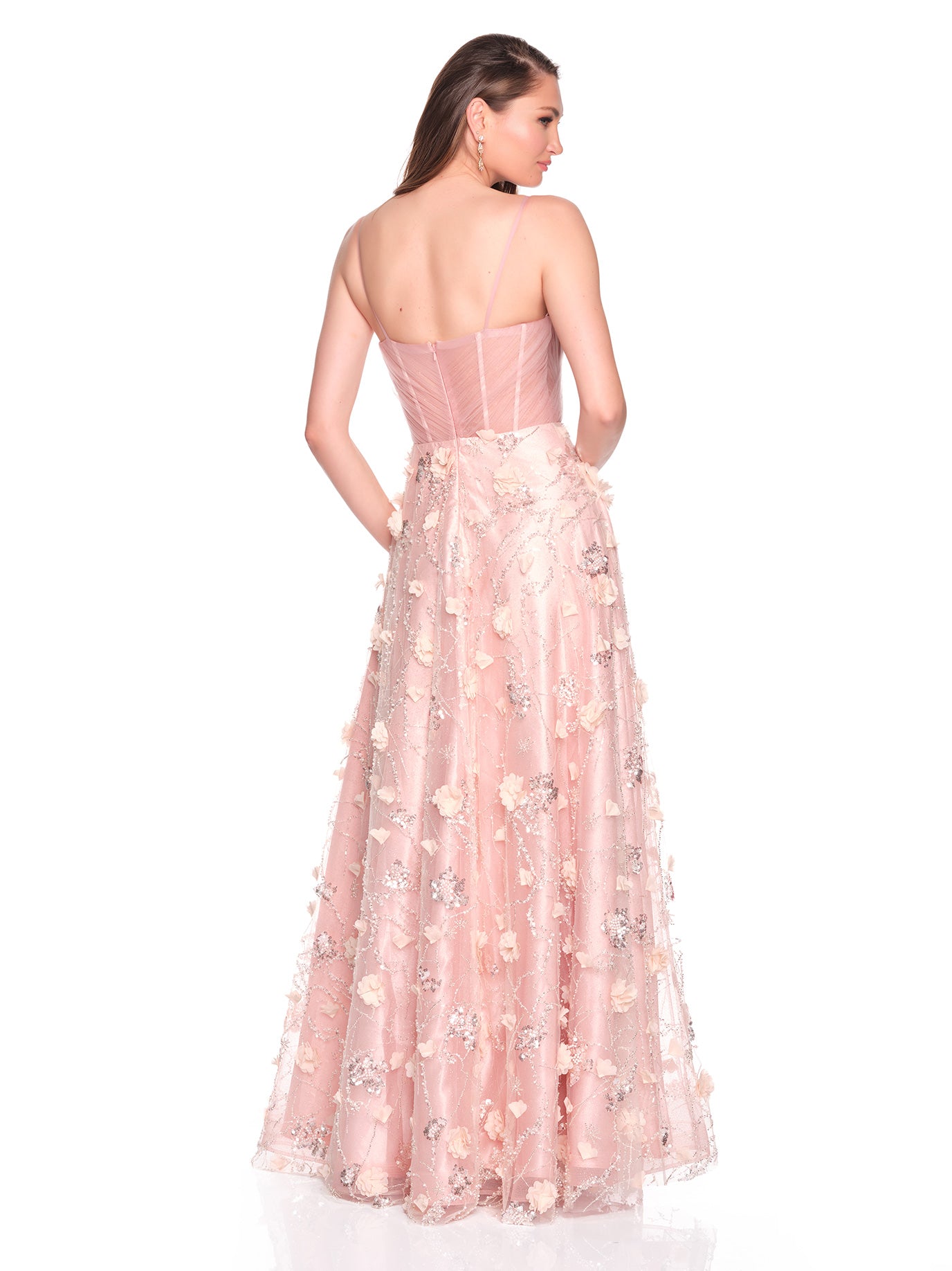 TULLE DRAPED BODICE DRESS WITH FLORAL 3D MOTIFS