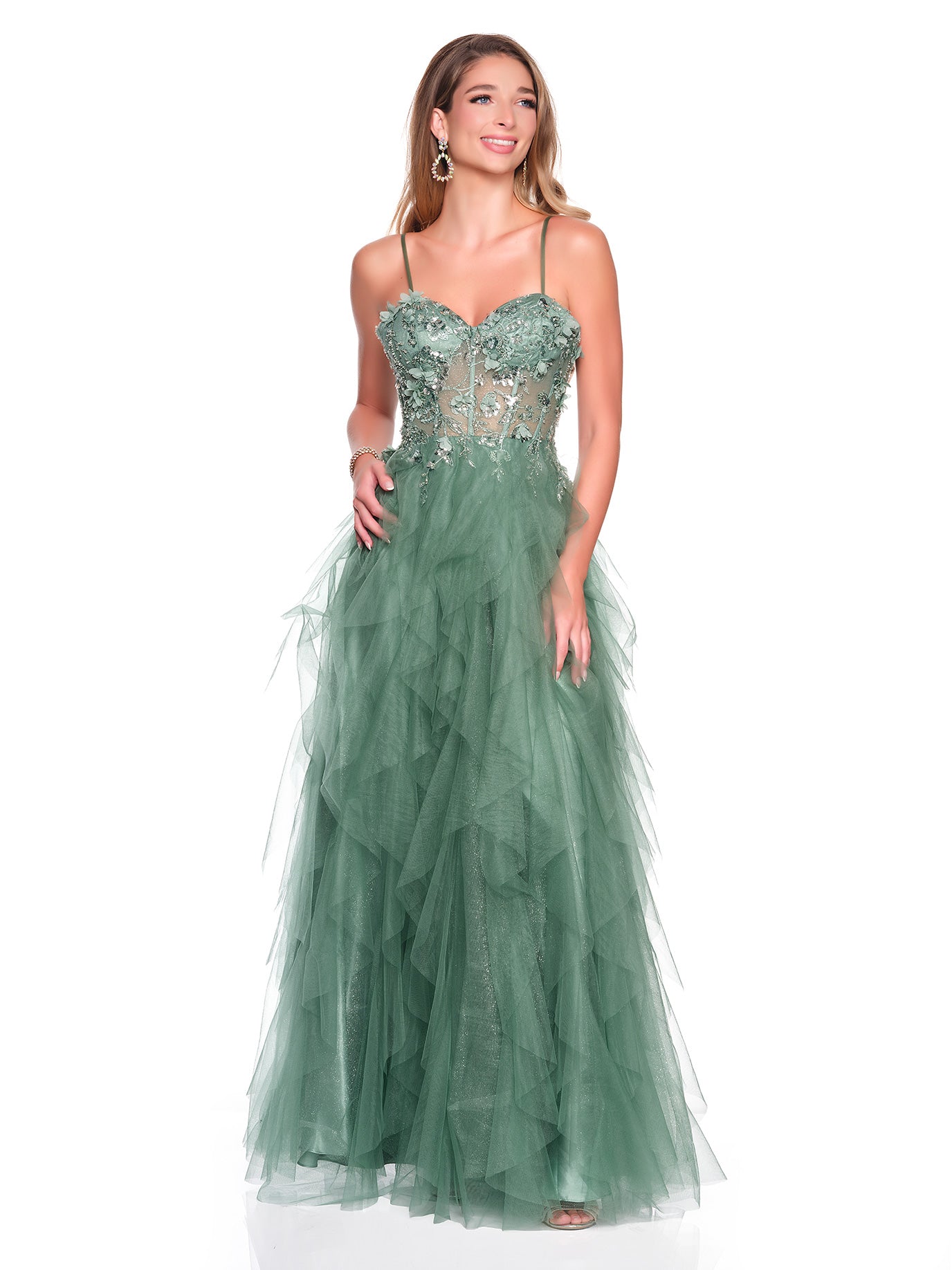 CASCADING TIERED TULLE DRESS WITH 3D MOTIF APPLIQUES