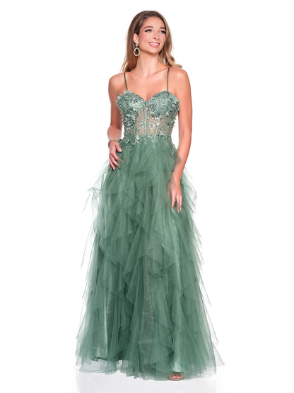 CASCADING TIERED TULLE DRESS WITH 3D MOTIF APPLIQUES