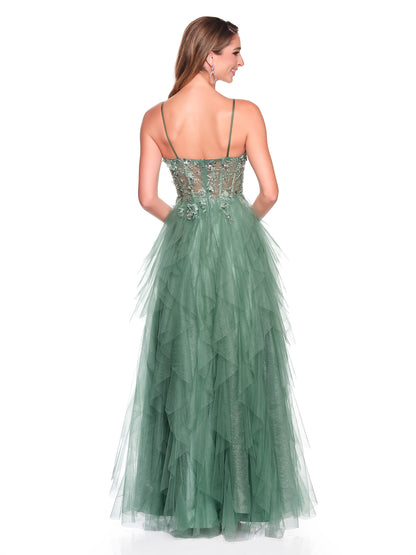 CASCADING TIERED TULLE DRESS WITH 3D MOTIF APPLIQUES