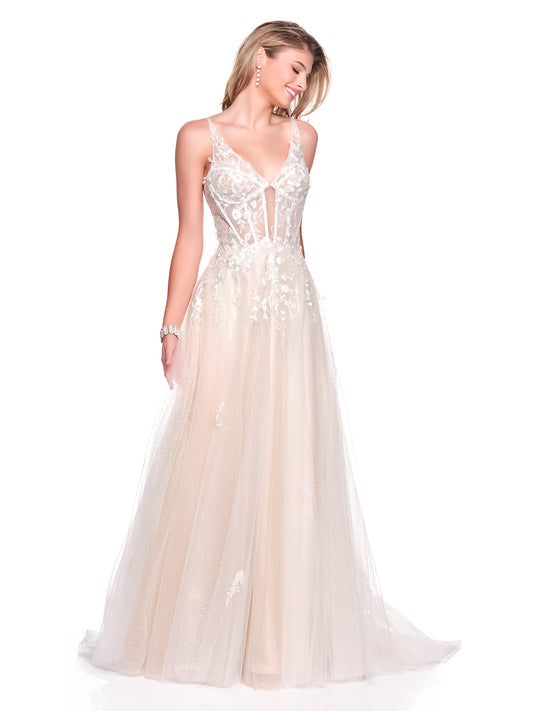 SHEER ILLUSION BODICE WITH APPLIQUES AND SKIRT WITH CONTRAST NUDE LINING