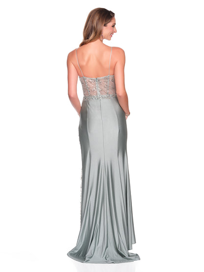 FITTED STRETCH DRESS WITH FRONT SLIT BEADED PANEL