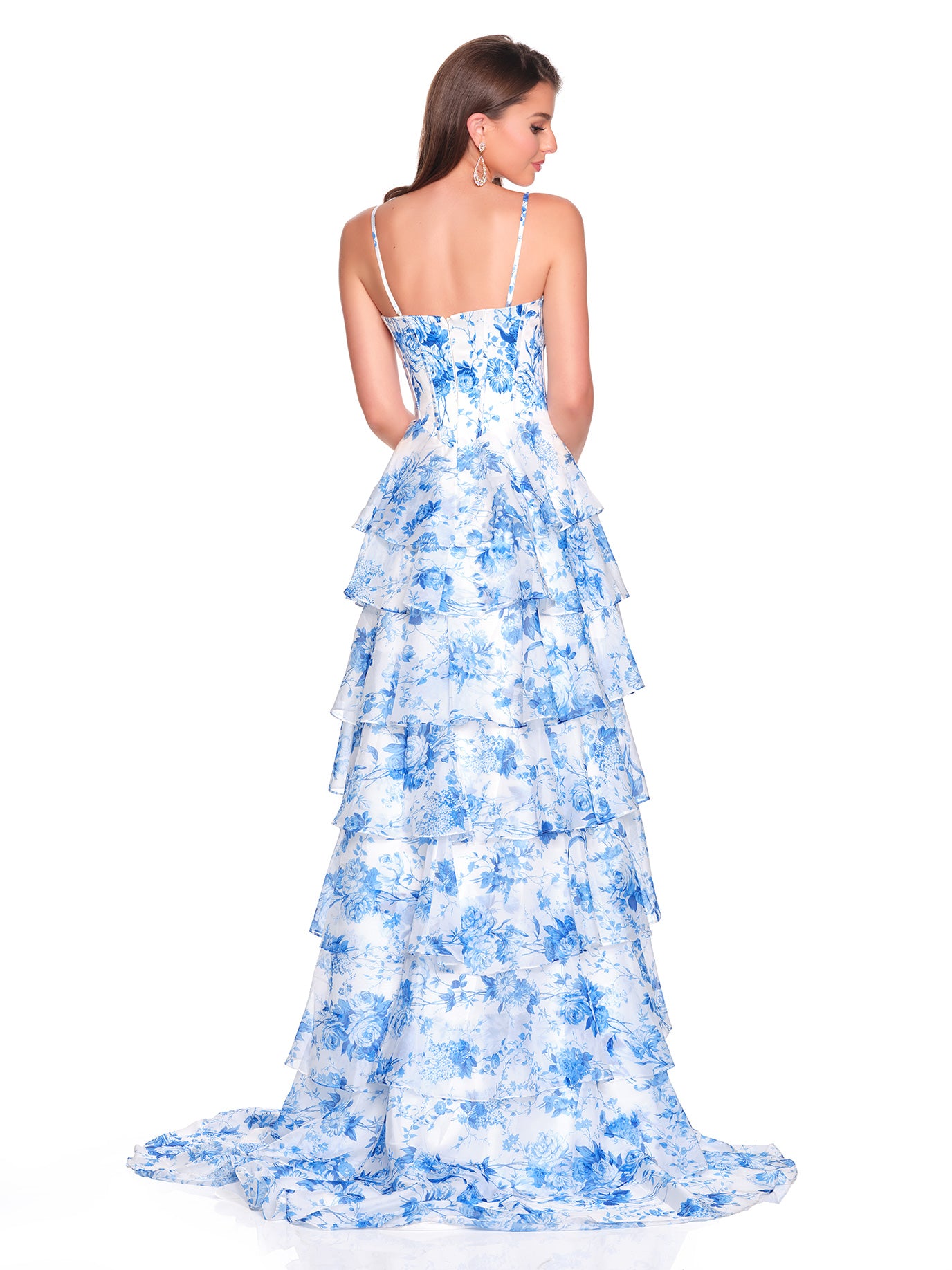 PRINTED TIERED GOWN WITH BEADED DRAPED CORSET BODICE