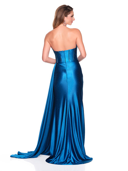 STRAPLESS STRETCH CHARMEUSE DRESS WITH RUCHING AND STONE AND BEAD ACCENTS