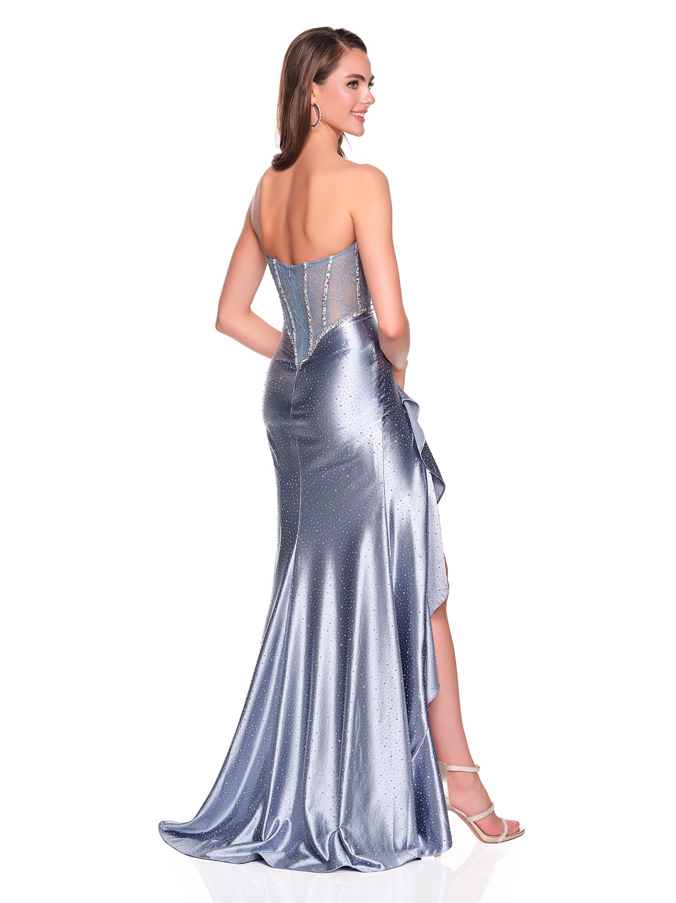 STRETCH CHARMEUSE DRESS WITH BASQUE WAISTLINE THIGH HIGH RUFFLE SLIT