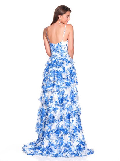 PRINT LACE DRESS WITH RUFFLE TIERS AND THIGH HIGH SLIT