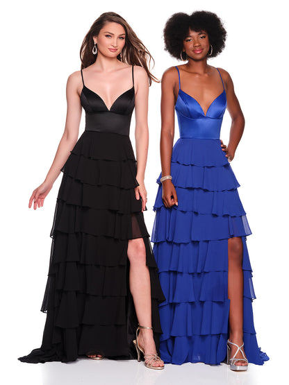 SOLID TIERED DRESS WITH FLOWY RUFFLE DETAIL AND HIGH SLIT