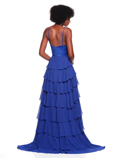 SOLID TIERED DRESS WITH FLOWY RUFFLE DETAIL AND HIGH SLIT