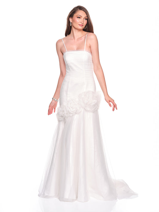 TULLE BRIDAL DRESS WITH GATHERED BODICE AND LARGE FLORAL 3D MOTIF