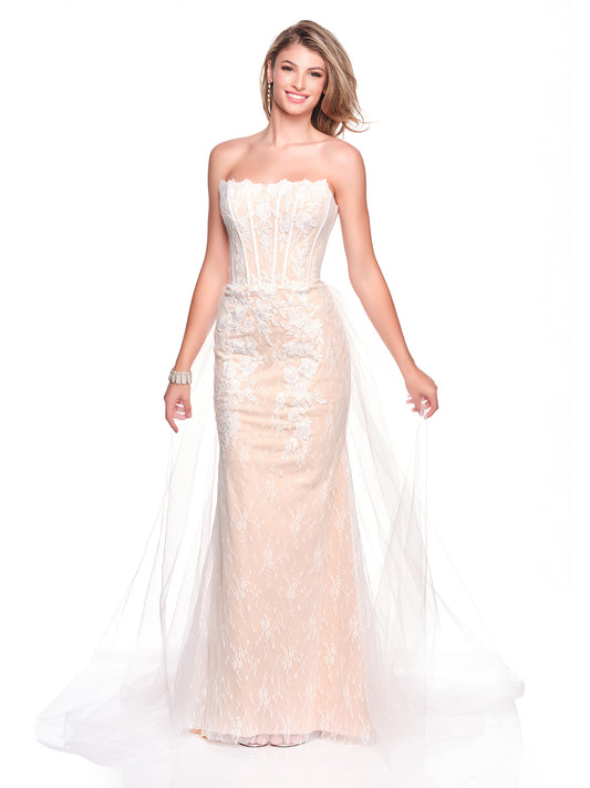 FITTED IVORY NUDE CORSET BRIDAL GOWN WITH DETACHABLE BACK SKIRT OVERLAY