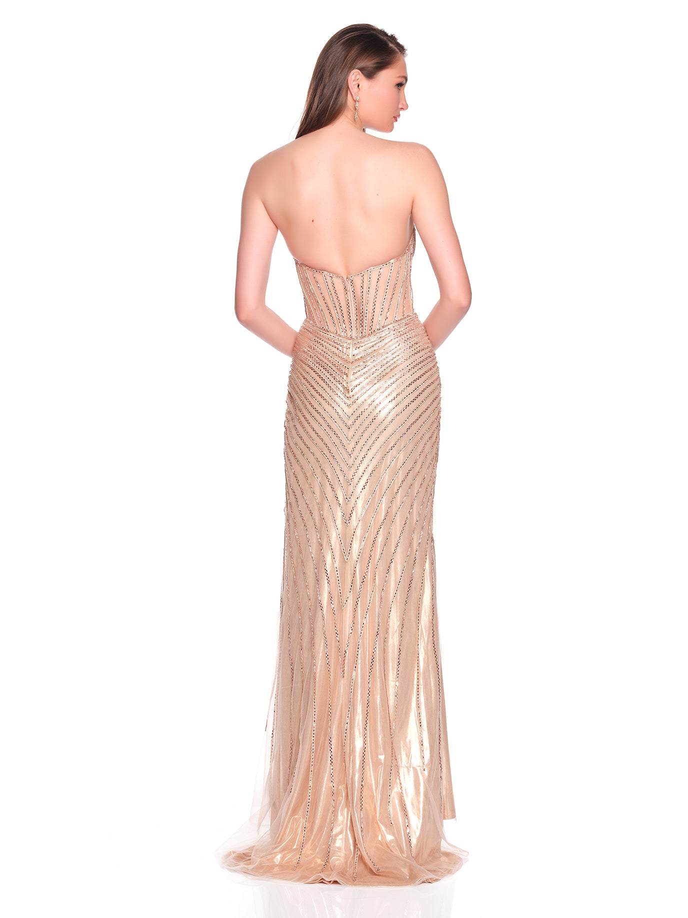FITTED MESH GOWN WITH LINEAR RHINESTONE PATTERN DESIGN