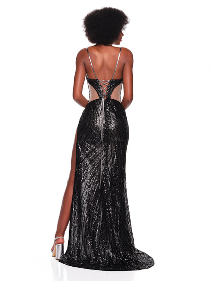 FULLY SEQUIN GOWN WITH BACK ILLUSION PANELS& THIGH HIGH SLIT