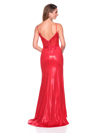 FITTED SHINY STRETCH DRESS WITH BEADED BODICE