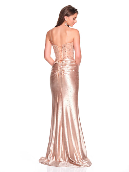 SPAGHETTI STRAP GOWN WITH BEADED EMBELLISHMENTS AND RUCHED DETAILING