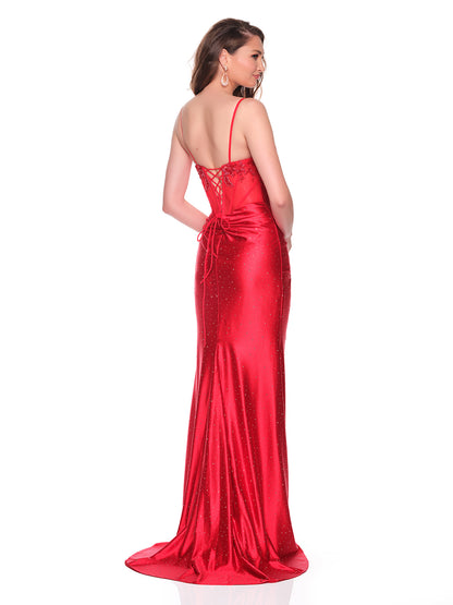 SPAGHETTI STRAP GOWN WITH BEADED EMBELLISHMENTS AND THIGH HIGH SLIT