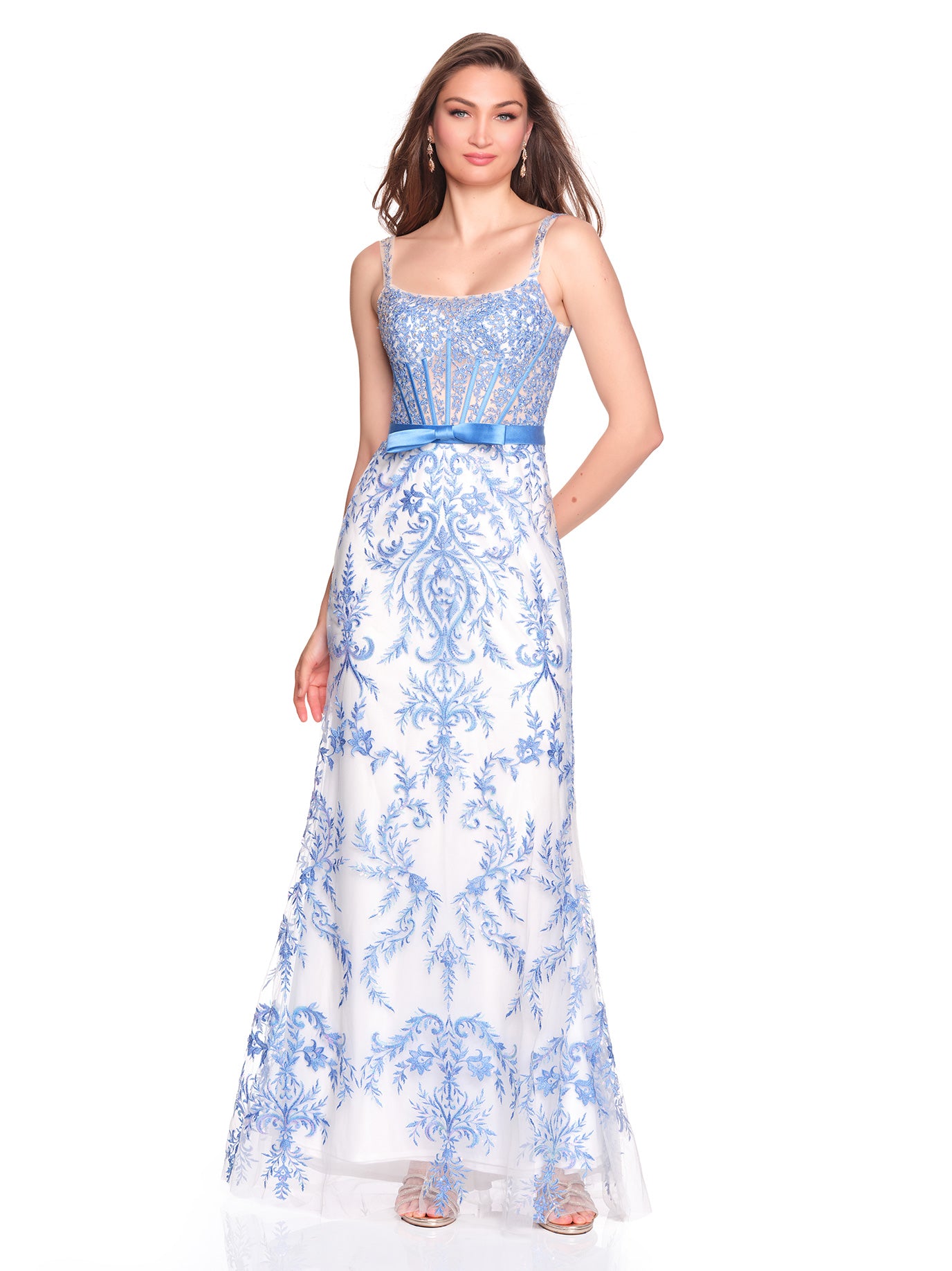 SQUARE NECK FITTED TULLE GOWN WITH FLORAL EMBROIDERY