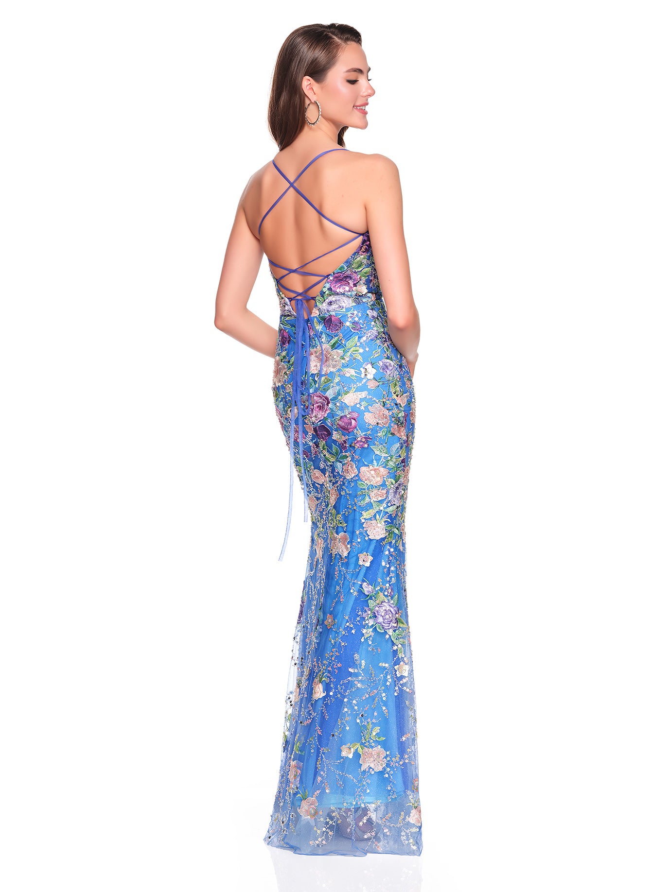 FITTED EMBROIDERED GOWN WITH BACK CRISS-CROSS STRAPS