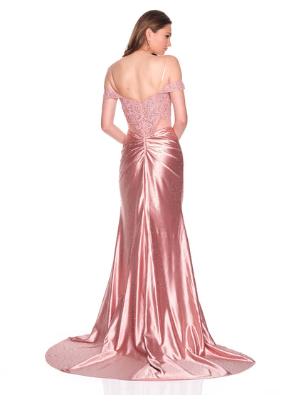 FITTED OFF THE SHOULDER GOWN WITH SHEER BODICE AND EMBELLISHMENTS