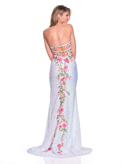 FITTED SEQUIN GOWN WITH EMBROIDERED FLORAL DESIGN AND HIGH SLIT