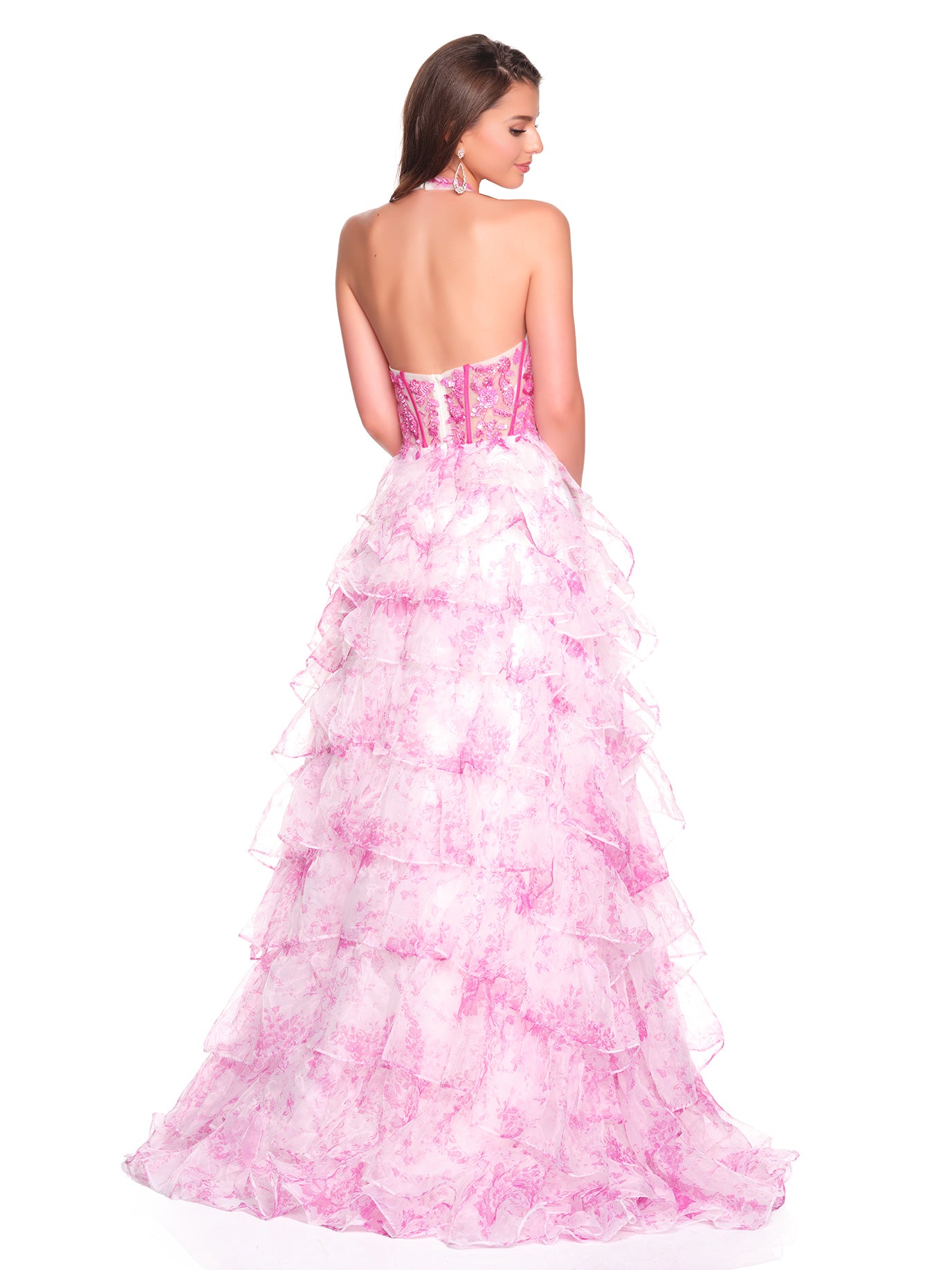 FLORAL PRINTED HALTER WITH TIERED RUFFLE DETAIL AND HIGH SLIT