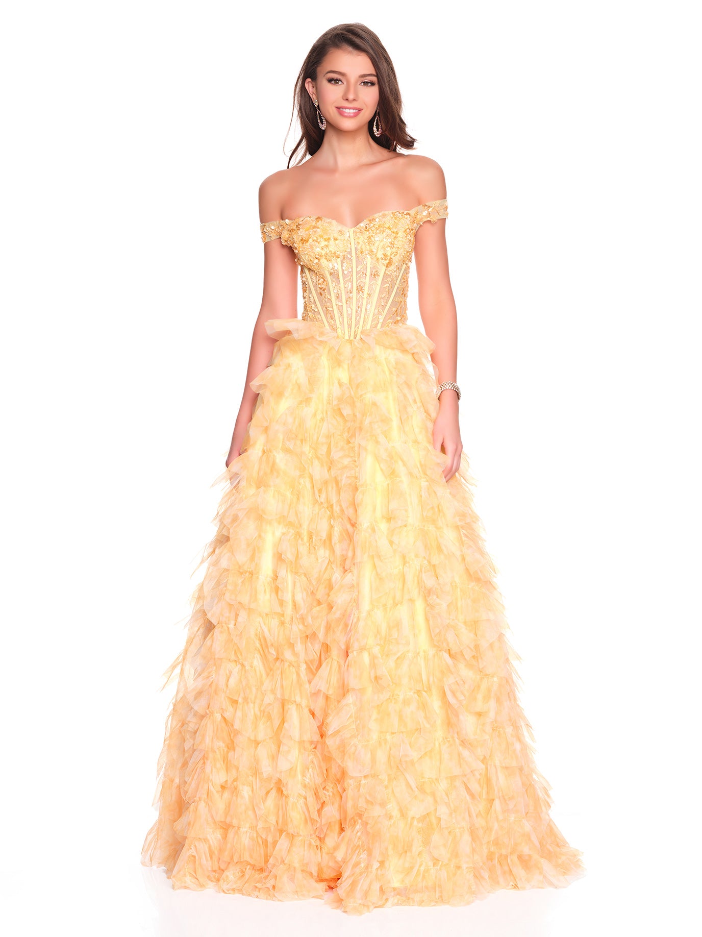 OFF THE SHOULDER PRINT DRESS WITH ASYMMETRICAL RUFFLE SKIRT