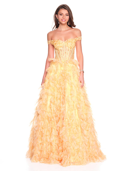 OFF THE SHOULDER PRINT DRESS WITH ASYMMETRICAL RUFFLE SKIRT