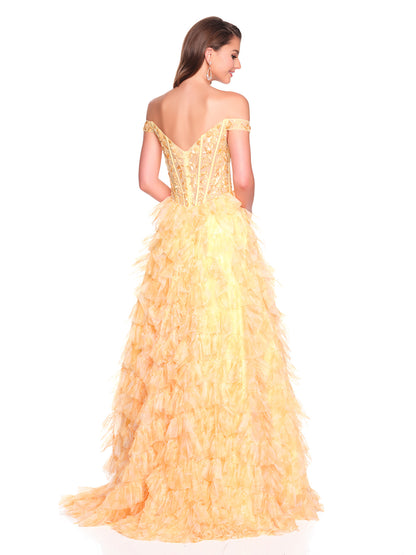 OFF THE SHOULDER PRINT DRESS WITH ASYMMETRICAL RUFFLE SKIRT