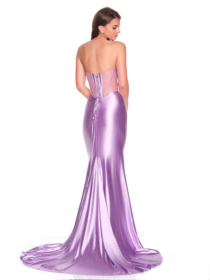 STRAPLESS CHARMEUSE DRESS WITH FITTED SHEER ILLUSION BODICE