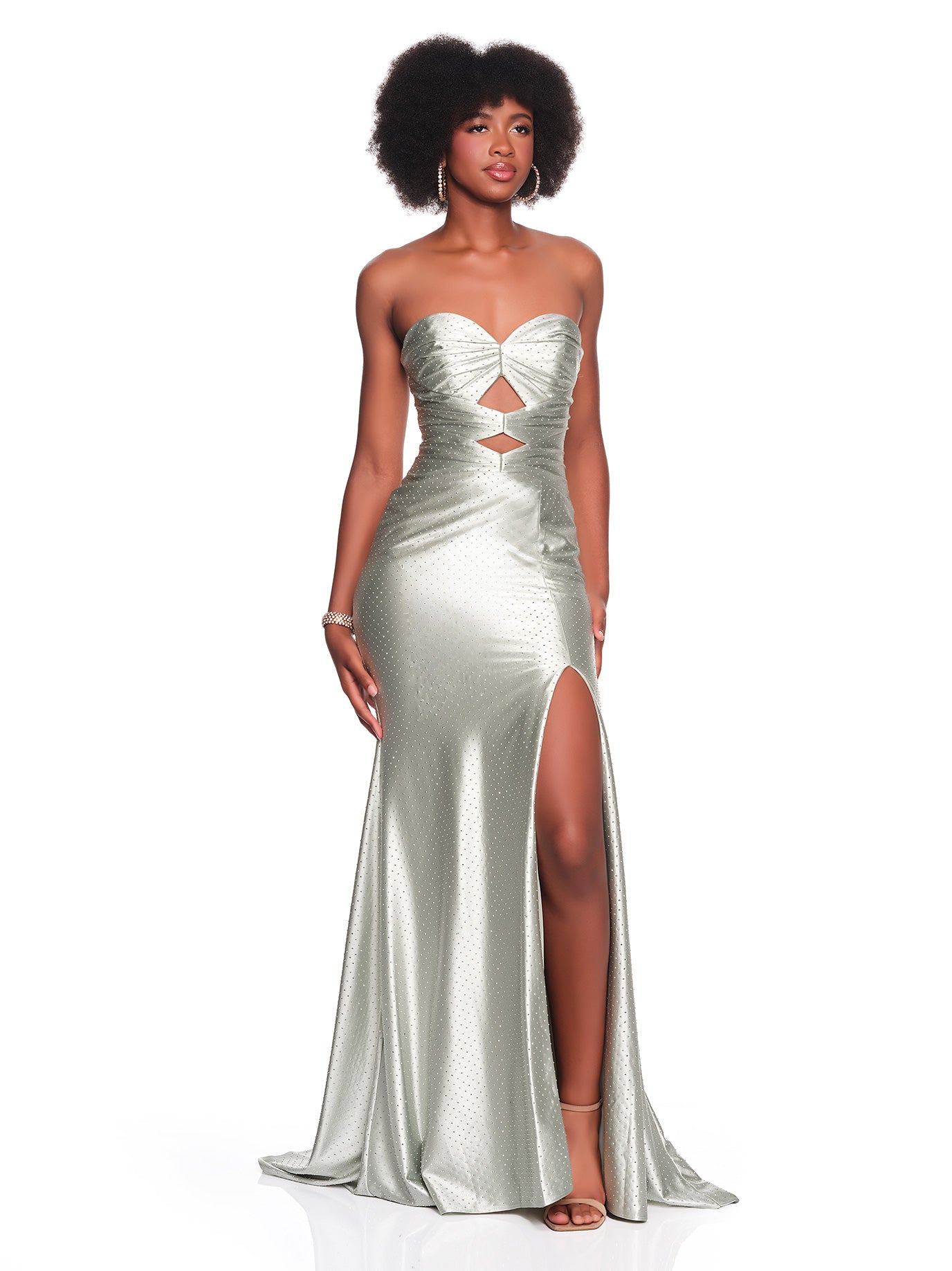 STRAPLESS CUTOUT DRESS WITH STONE ACCENTS AND HIGH SLIT