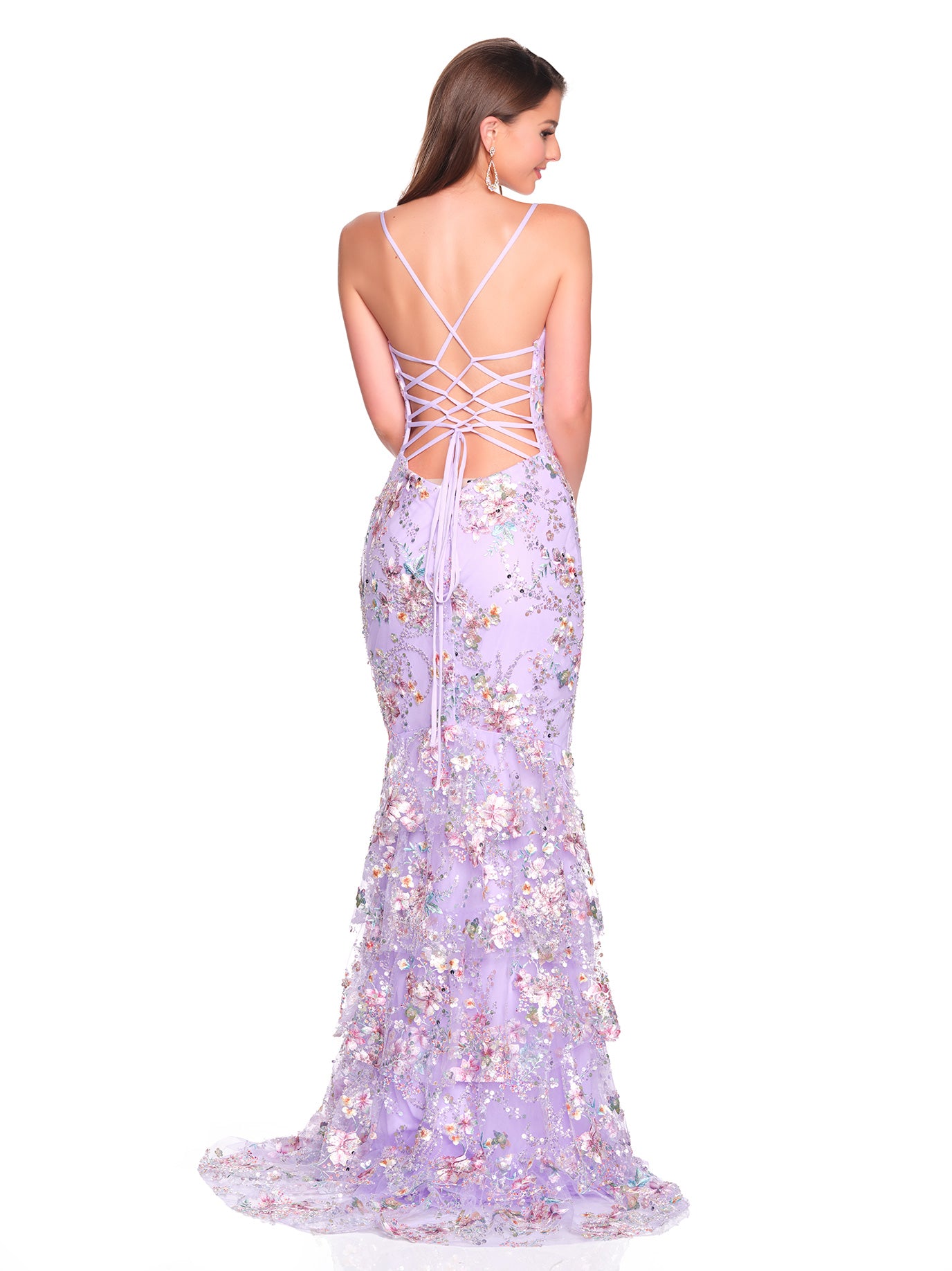 TULLE FITTED GOWN WITH BACK CASCADING RUFFLE AND EMBROIDERED FLOWER DETAIL