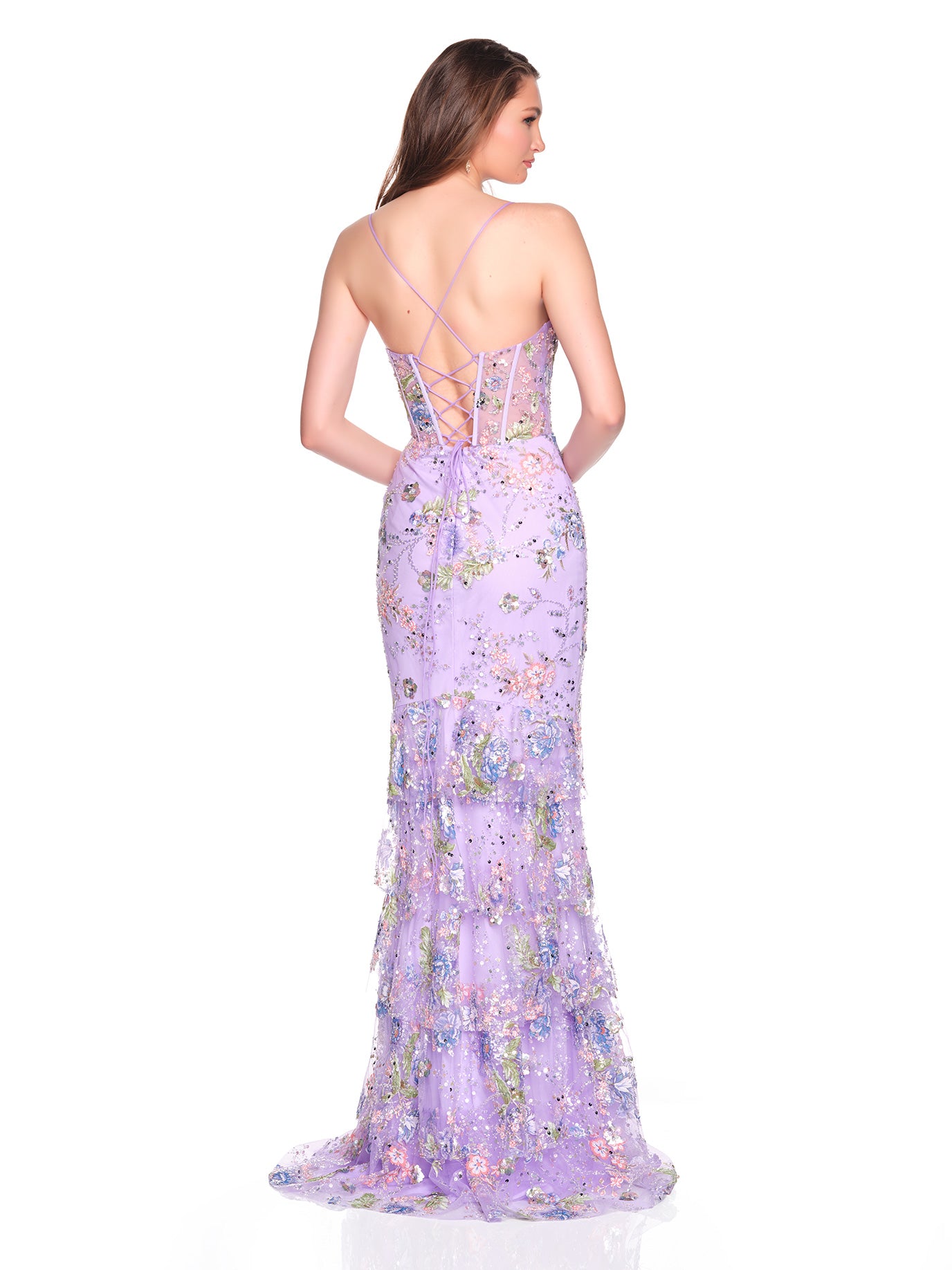 TULLE FITTED GOWN WITH BACK CASCADING RUFFLE AND EMBROIDERED FLOWER DETAIL