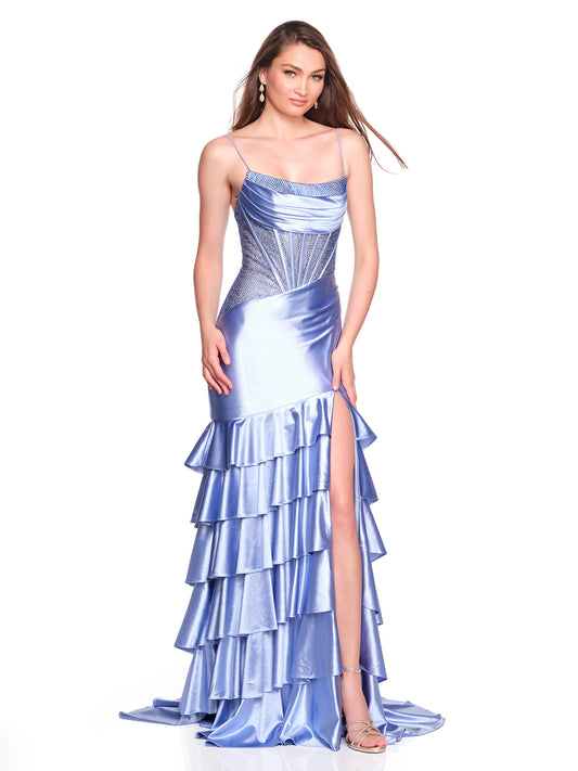 FITTED DRESS WITH ASYMETRICAL BODICE AND CASCADING RUFFLE DETAIL