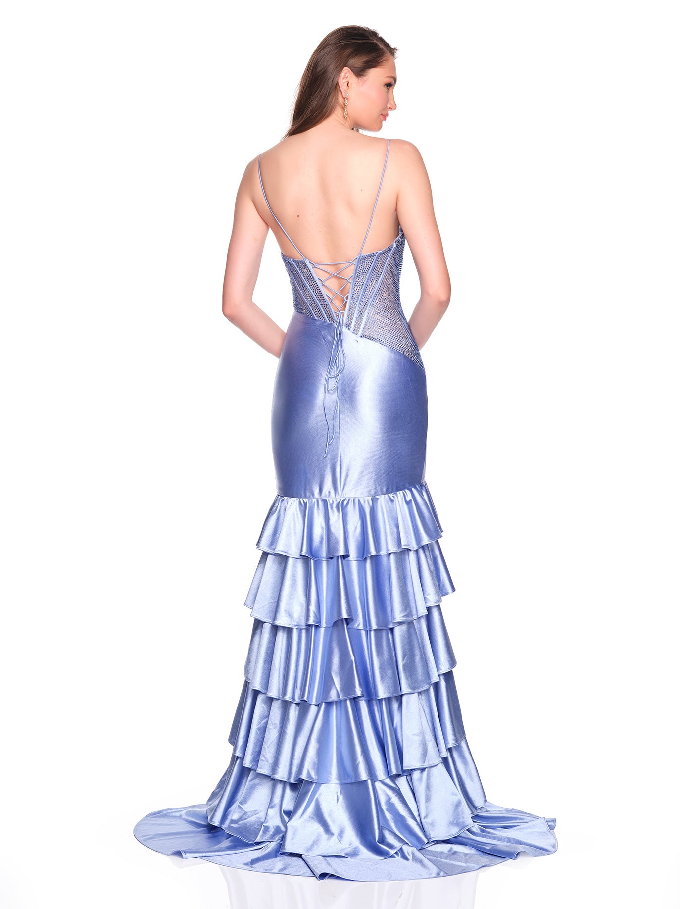 FITTED DRESS WITH ASYMETRICAL BODICE AND CASCADING RUFFLE DETAIL