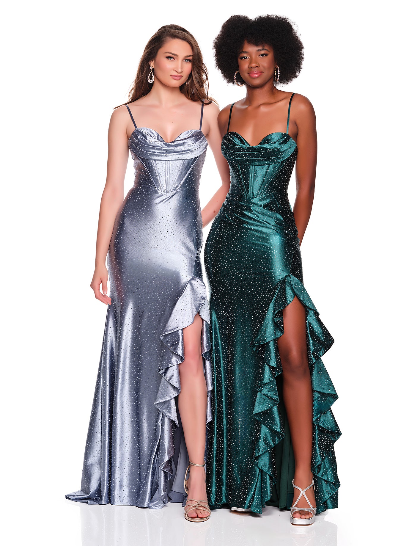 STRETCH CHARMEUSE DRESS WITH HOT STONE DETAIL AND CASCADING RUFFLES