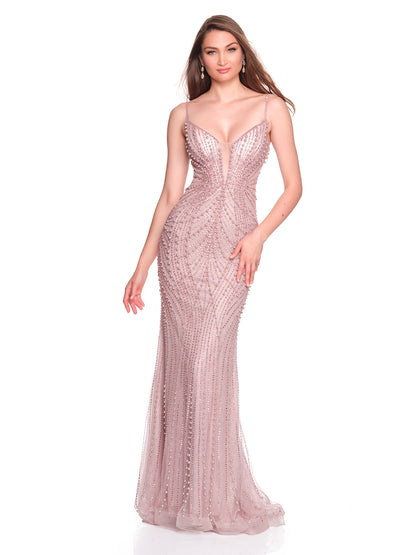 FITTED TULLE DRESS WITH LINEAR PEARL APPLIQUE