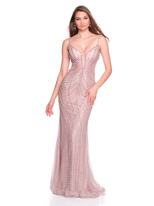 FITTED TULLE DRESS WITH LINEAR PEARL APPLIQUE