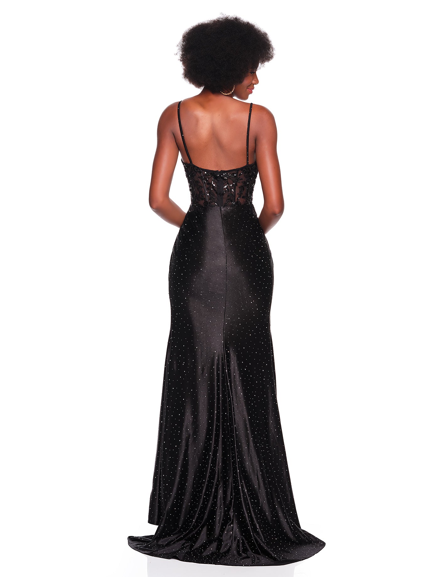 FITTED DRESS WITH HOT STONE DETAIL AND SHEER BEADED BODICE