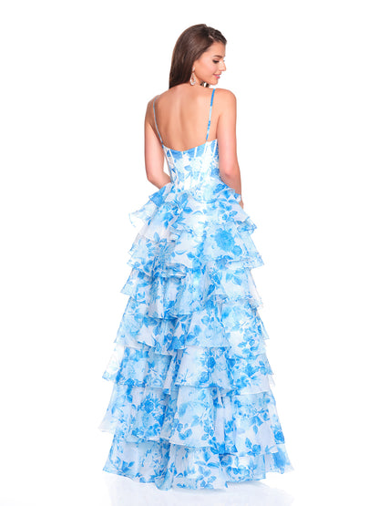 TIERED PRINTED GOWN WITH BEADED BODICE