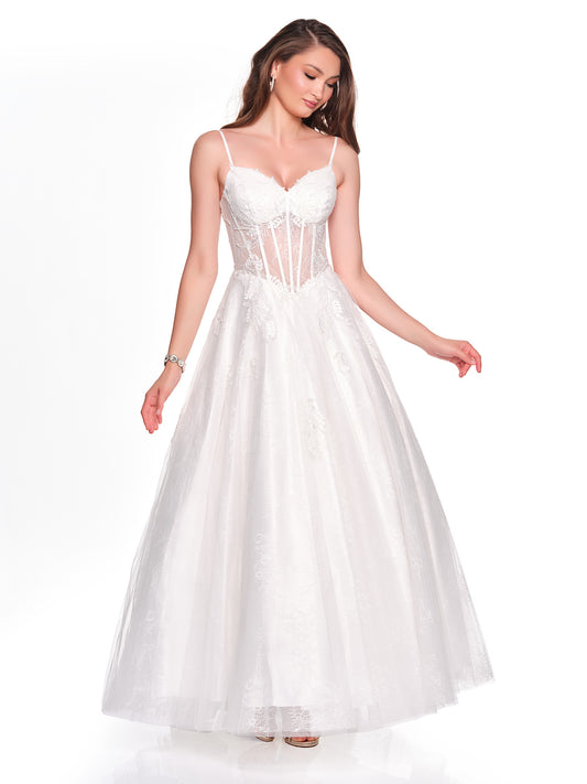 BRIDAL GOWN WITH BASQUE ILLUSION BODICE AND FULL A-LINE SKIRT