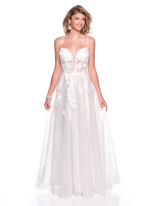 FLOWY A-LINE BRIDAL DRES WITH LEAF APPLIQUES ON ILLUSION BODICE
