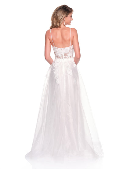 FLOWY A-LINE BRIDAL DRES WITH LEAF APPLIQUES ON ILLUSION BODICE