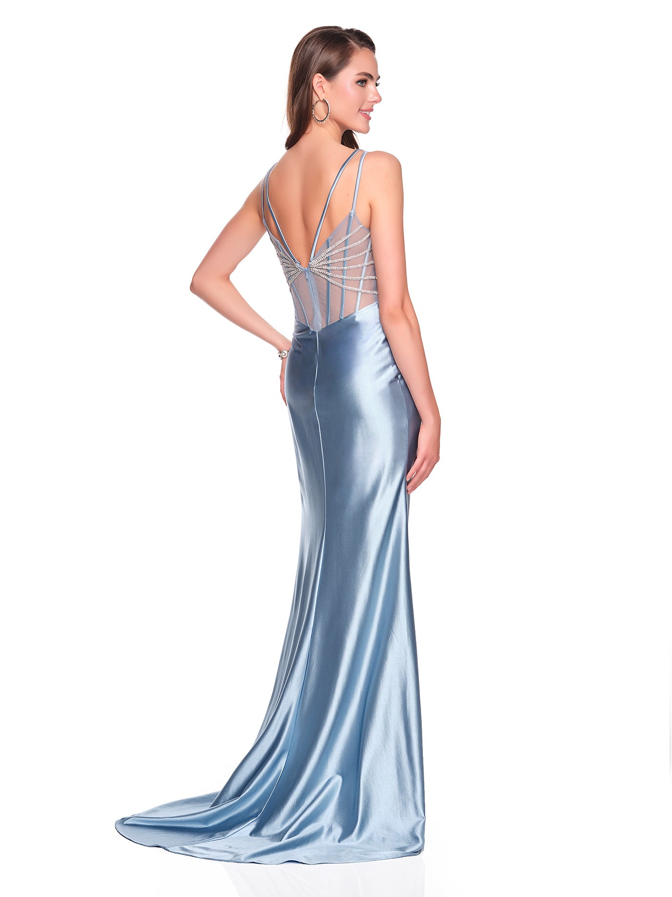 HIGH SLIT DRESS WITH SHEER BODICE AND DOUBLE STRAP DETAIL