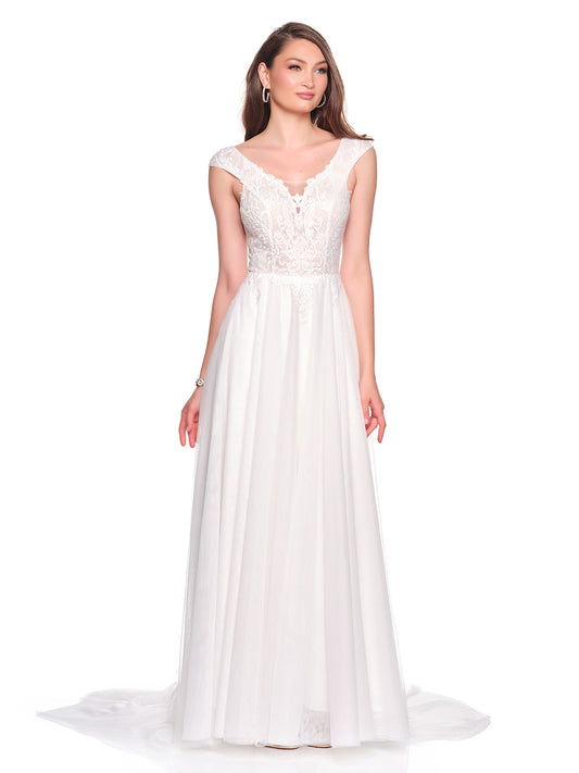 CAP SLEEVE ILLUSION BODICE BRIDAL GOWN WITH FLOWY A-LINE SKIRT