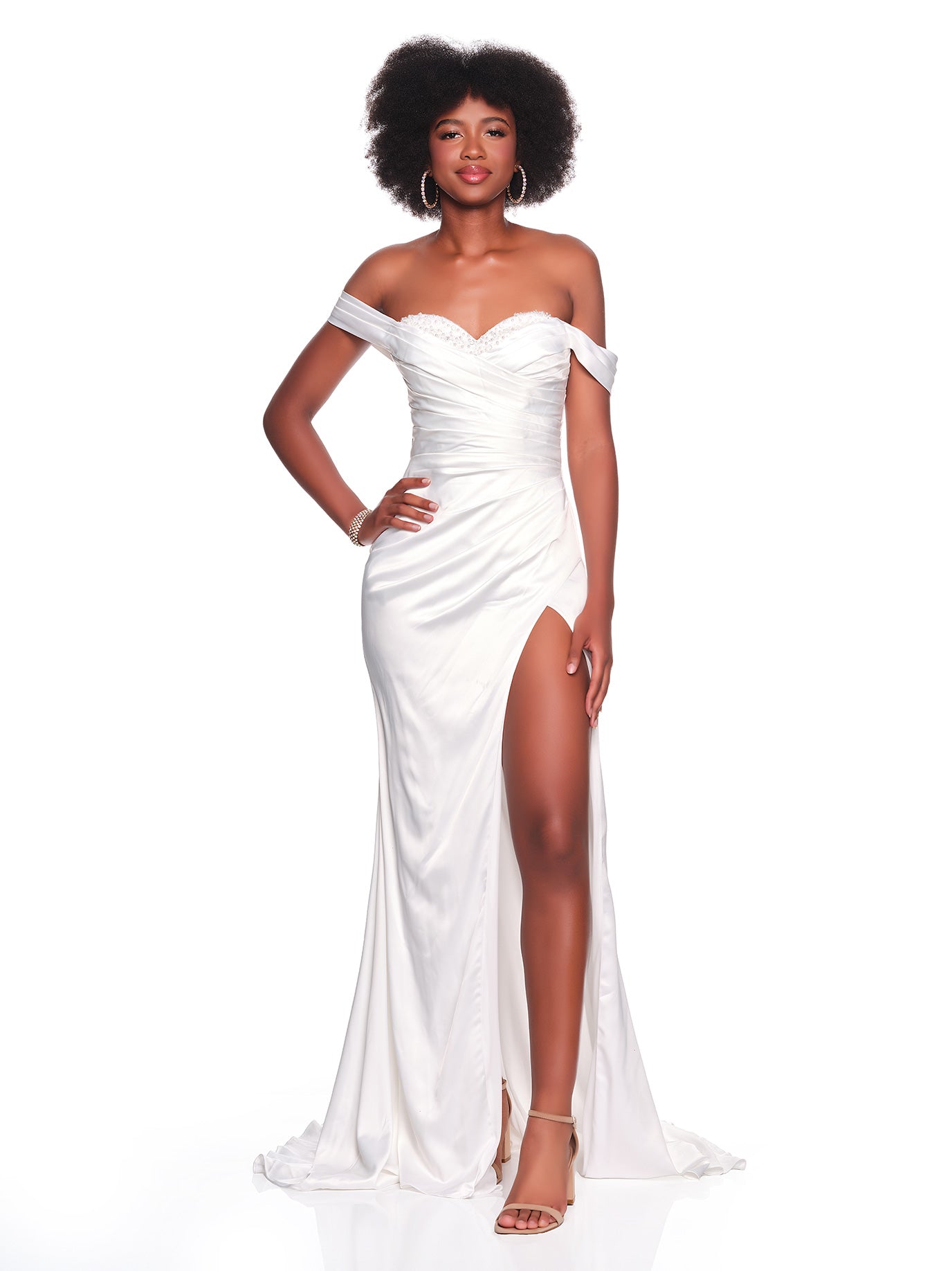 OFF THE SHOULDER BEADED BRIDAL DRESS WITH HIGH SLIT